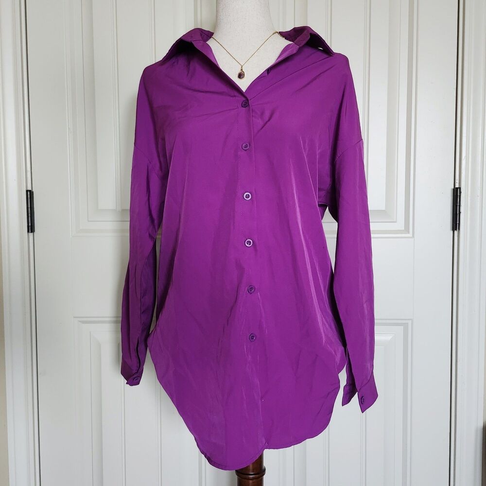 SHEIN Purple Oversized Collared Long Sleeve Button-Up Shirt Size S
